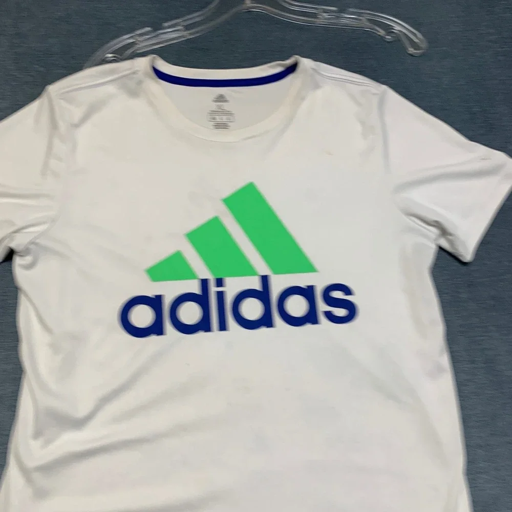Adidas Running T Shirt Mens XL White Spellout Logo Standard Regular Fit Training